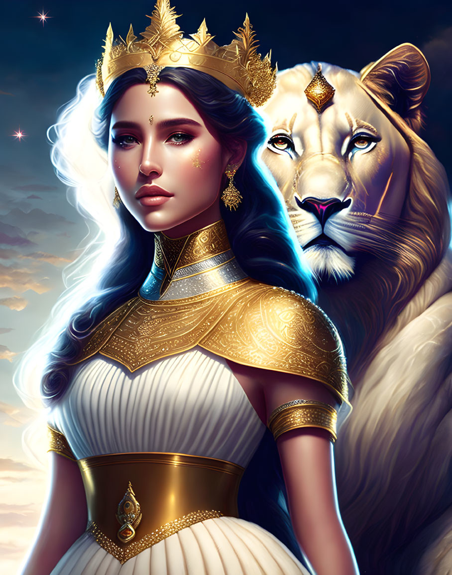 Royal woman with golden crown and lion in mystical connection at twilight