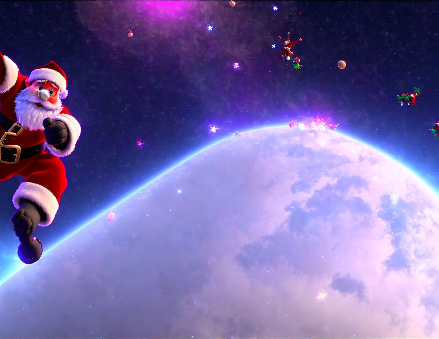 Santa Claus in Red Suit Floating in Space with Reindeer and Sleigh among Stars