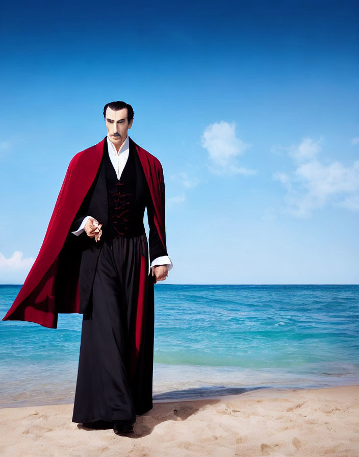 Vampire costume with black outfit and red cape on sunny beach