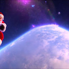 Santa Claus in Red Suit Floating in Space with Reindeer and Sleigh among Stars