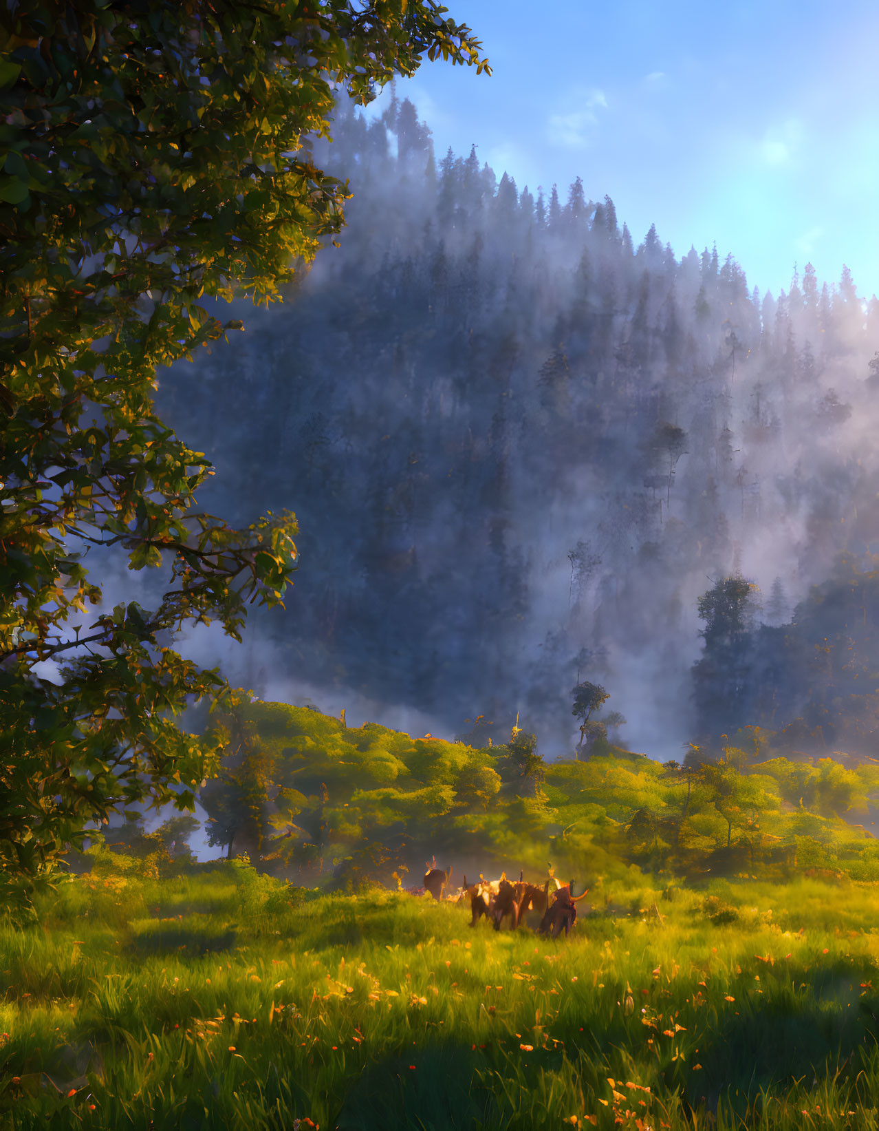 Tranquil forest scene: deer in morning light and mist