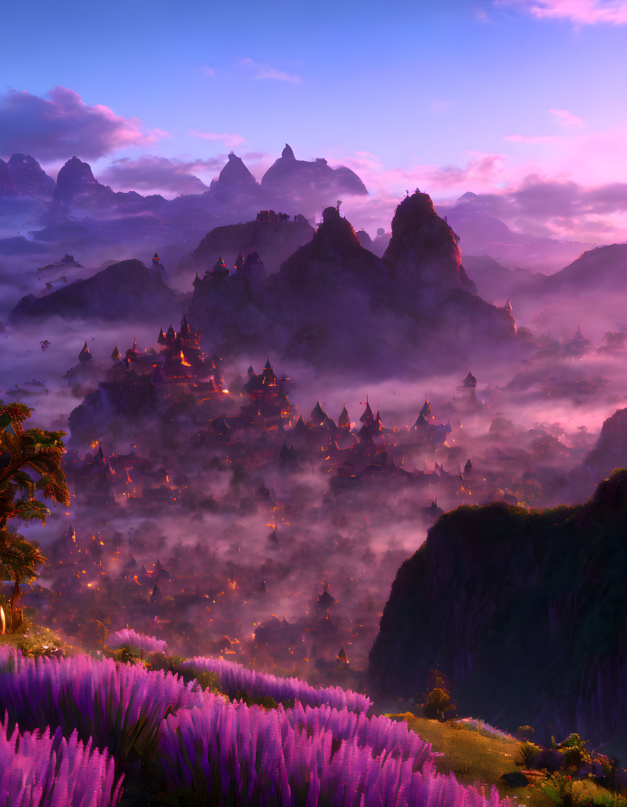 Mystical Dusk Landscape: Illuminated Castles, Foggy Mountains, Purple Sky