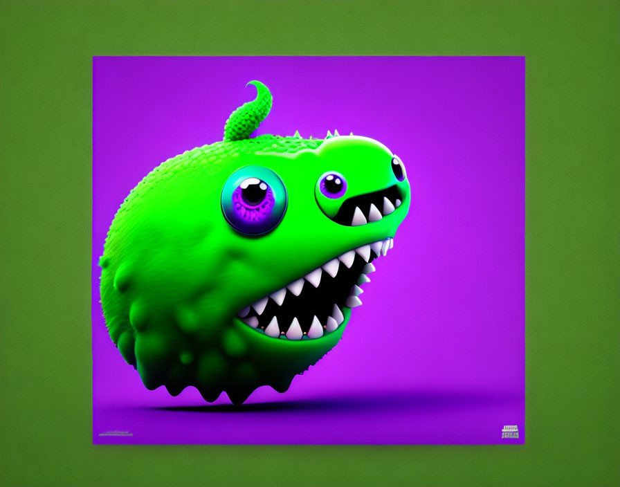 Colorful digital artwork: Whimsical green creature with large eye, sharp teeth, curly tail on