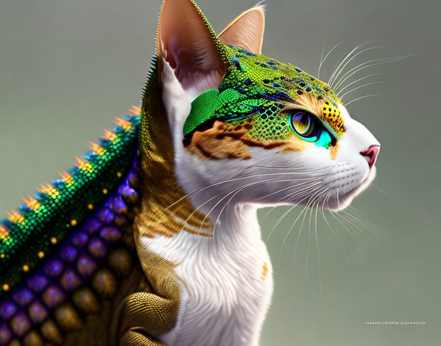 Cat with Vibrant Reptilian Features: Green Scales, Blue Eyes, Textured Cape