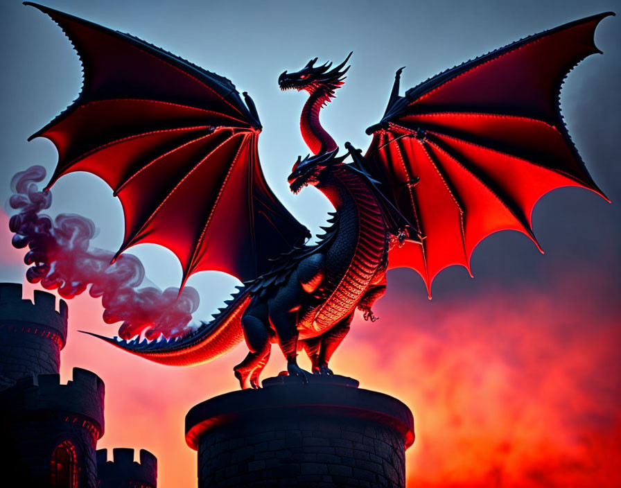 Red-winged dragon on stone castle exhaling smoke under red sky