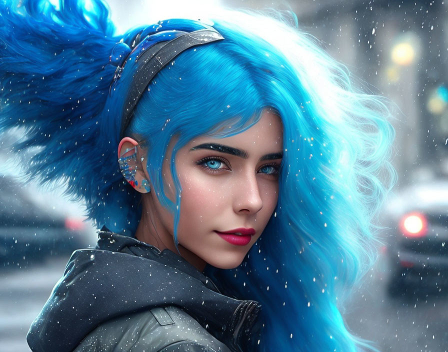 Digital artwork: Woman with bright blue hair in urban clothing amidst falling snowflakes