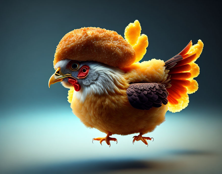 Digital Artwork: Chicken with Flame-like Wings in Hamburger Bun