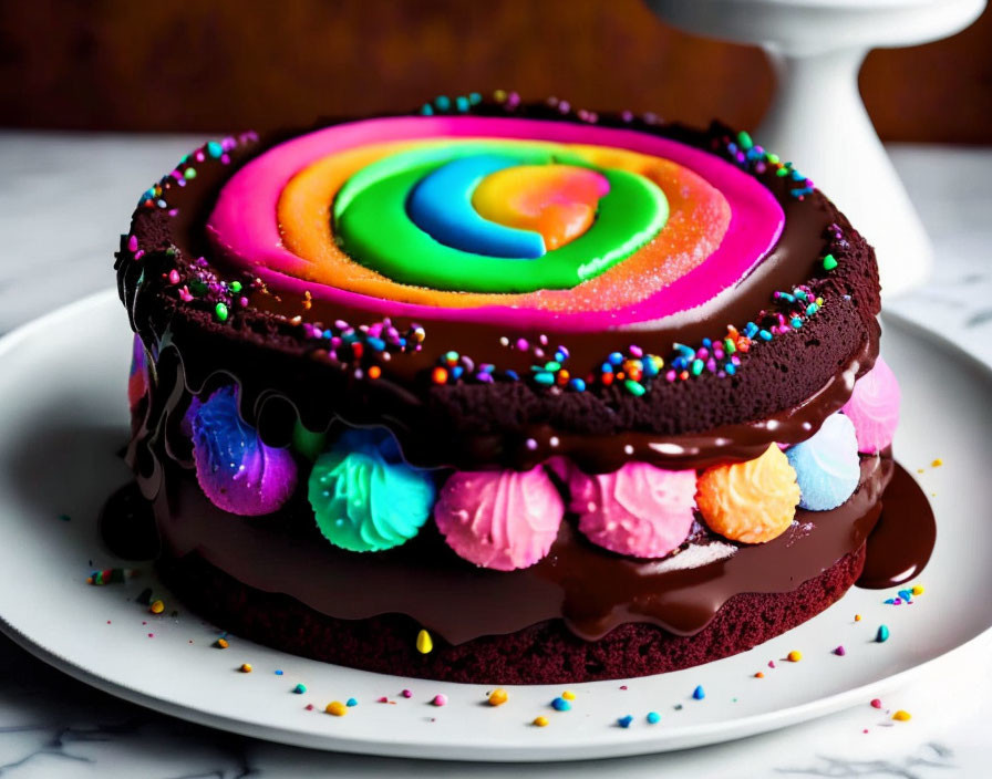 Colorful Rainbow-Glazed Cake with Chocolate Frosting and Sprinkles