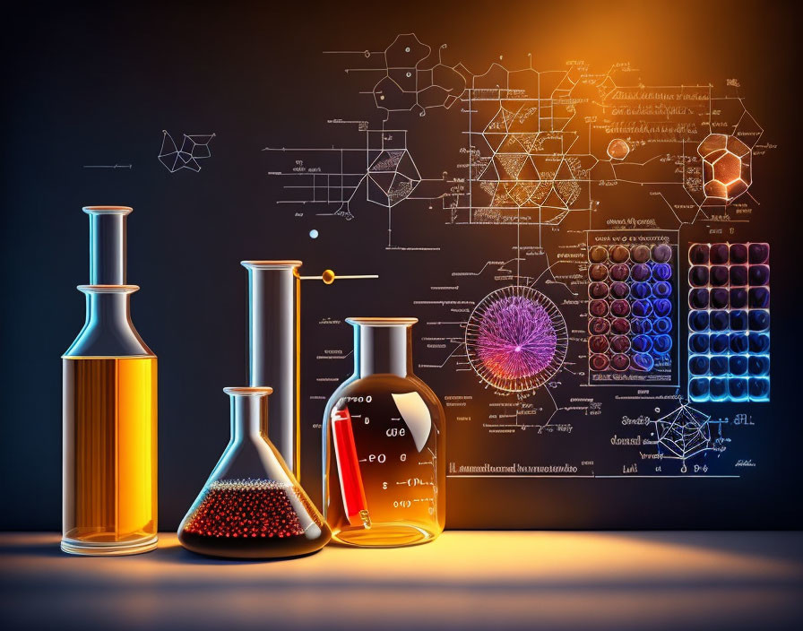 Colorful liquids in laboratory flasks with holographic scientific display