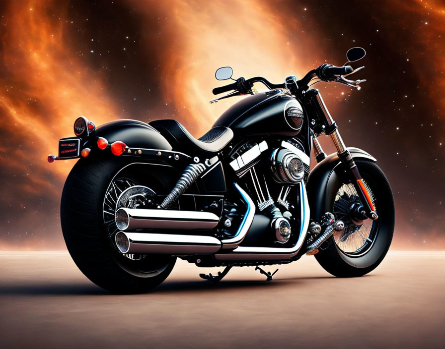 Black Cruiser Motorcycle Against Orange Clouds: Chrome Accents, Powerful Build