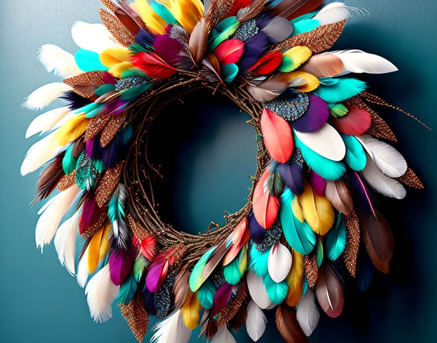 Vibrant Feather Wreath on Teal Background