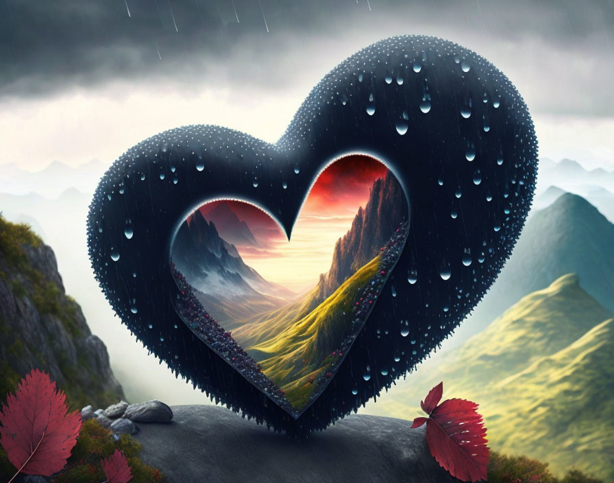 Heart-shaped Frame with Water Droplets Overlooking Scenic Landscape and Sunset