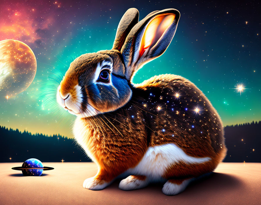 Starry fur rabbit in cosmic scene with moon and planet