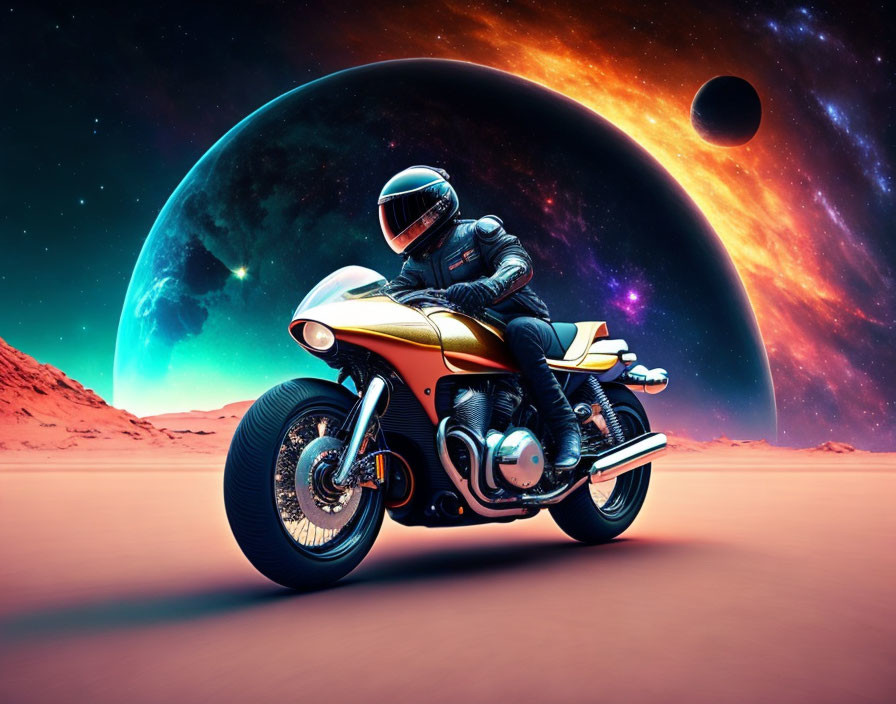 Astronaut on retro-futuristic motorcycle in alien desert planet