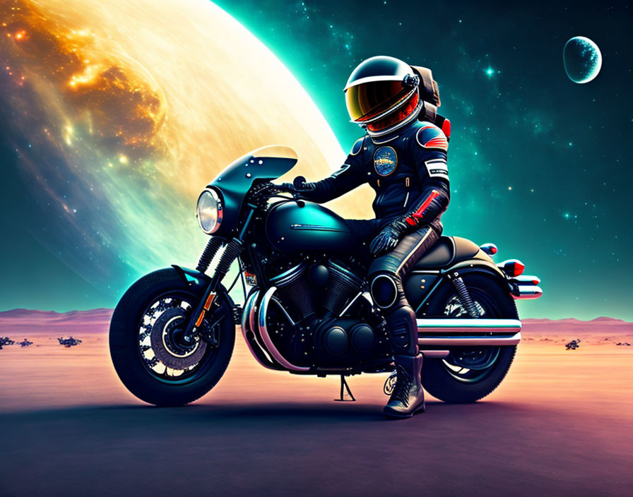 Astronaut on classic motorcycle on alien world with large planet and moon in sky