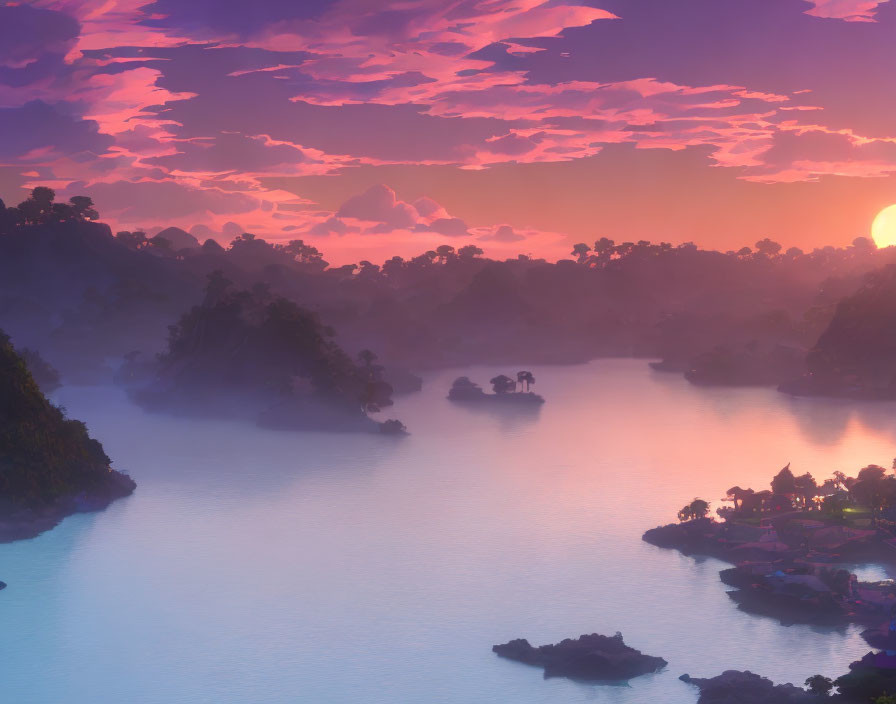 Tranquil sunset landscape: pink and purple sky, misty water, silhouetted hills