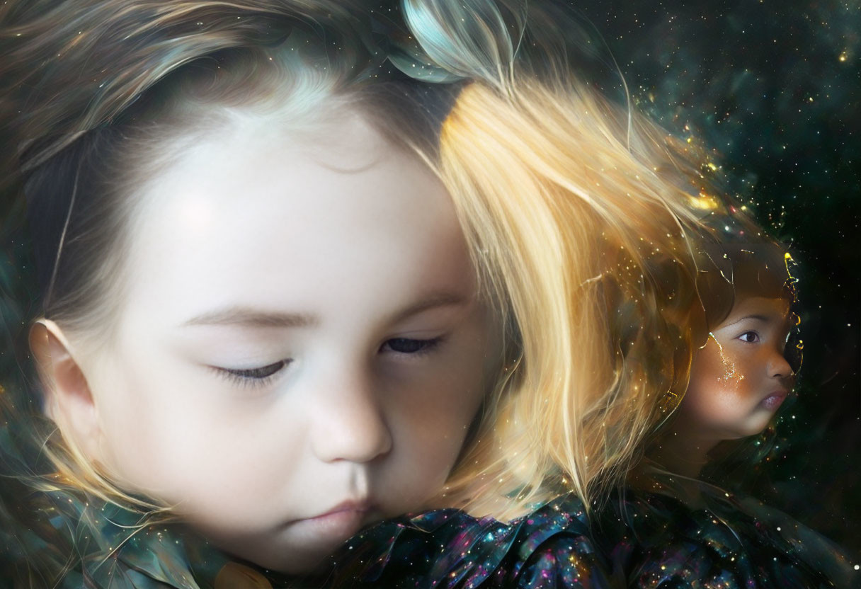 Children's faces superimposed on cosmic background with scattered stars