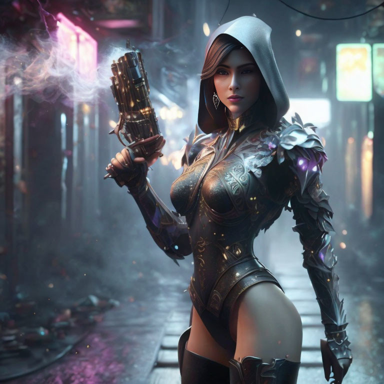 Female character in hood with futuristic gun in neon-lit alleyway