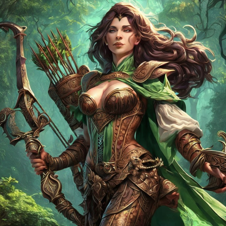 Female warrior with brown hair, ornate armor, bow, and arrows in lush forest