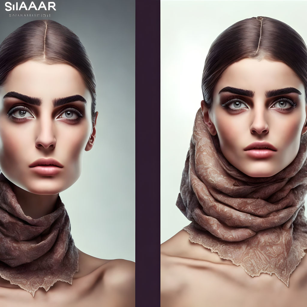 Digitally illustrated diptych of woman with striking eyebrows and brown eyes on split background