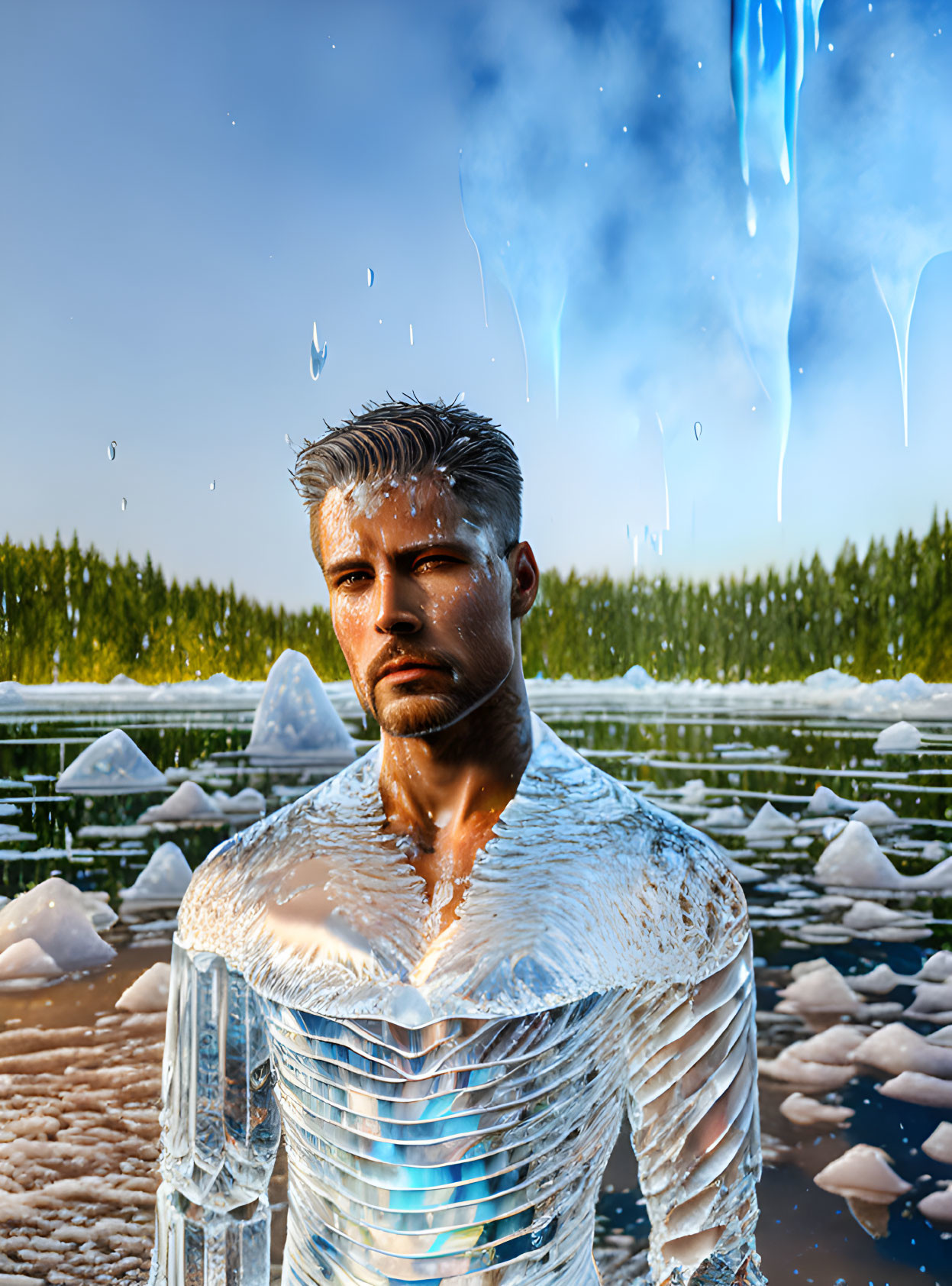 Bearded man emerges from icy water with crystal-like ice structures