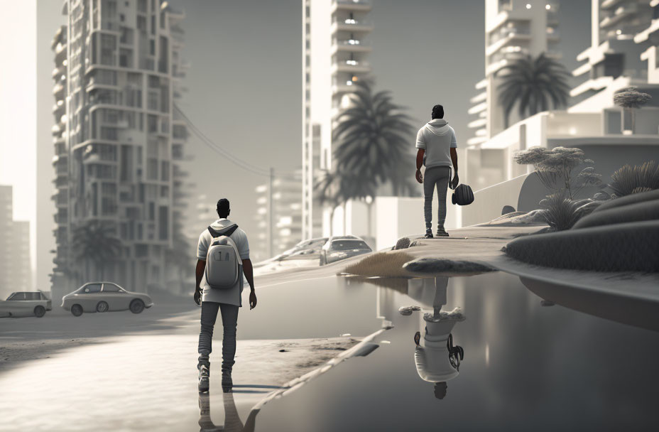 Man standing on surreal inverted cityscape with monochromatic tone