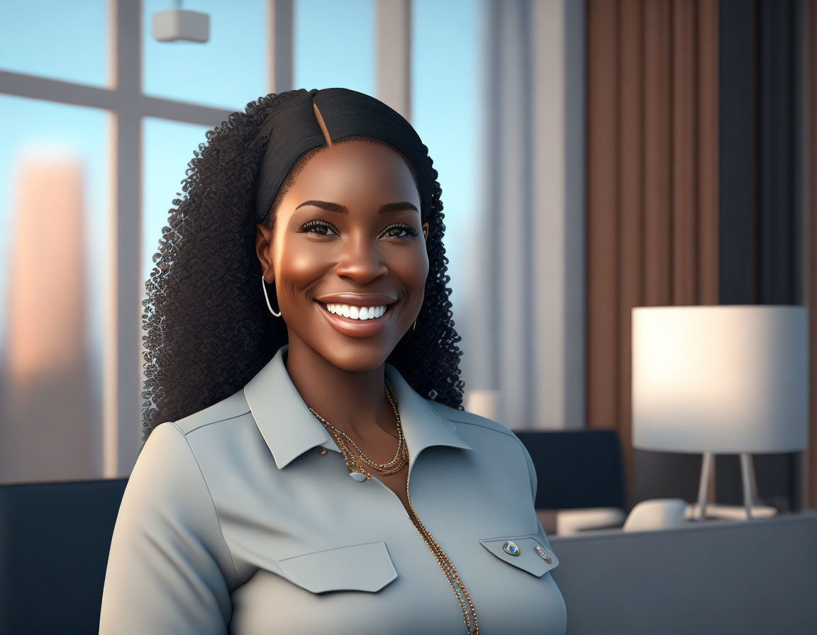 Curly Haired Woman Smiling in Blue Shirt and Necklaces in Room