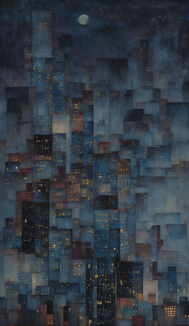 Moonlit Night Cityscape with Illuminated Windows