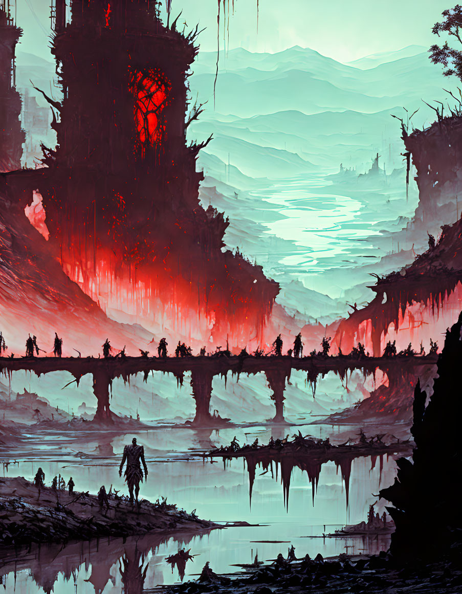 Fantasy landscape with dark towering structure, red accents, bridges, silhouetted figures, and