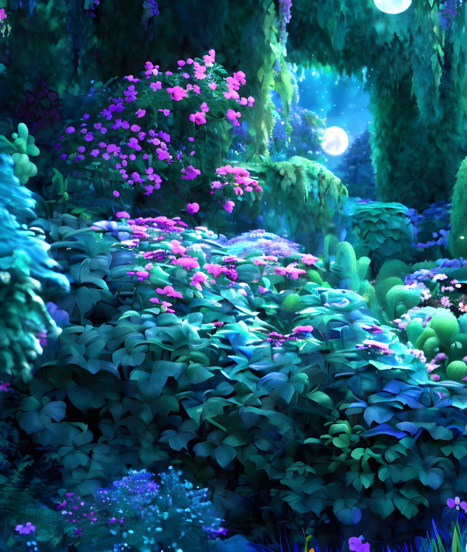 Enchanted forest at night with purple and green foliage under mystical blue light