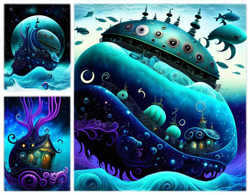 Vibrant underwater fantasy art with whimsical creatures and structures