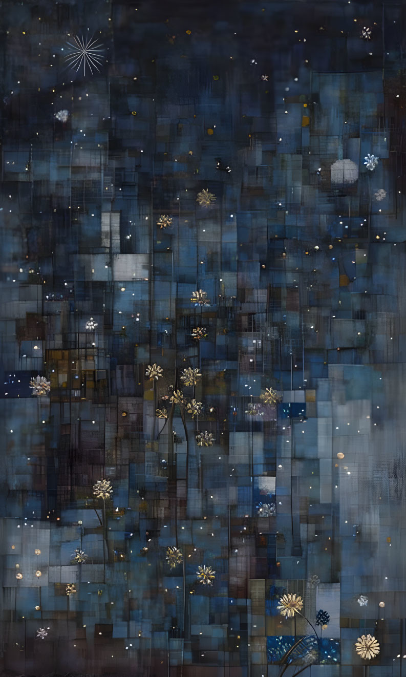 Abstract painting: Star-like patterns, floating dandelions, blue hues resembling a night sky.