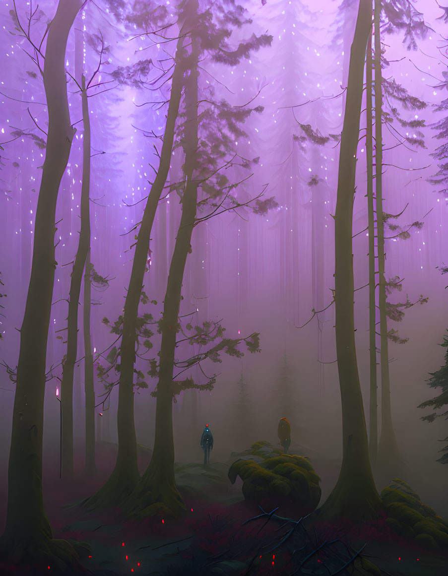 Enchanted forest with tall trees, purple haze, figures in blue and yellow, red lights