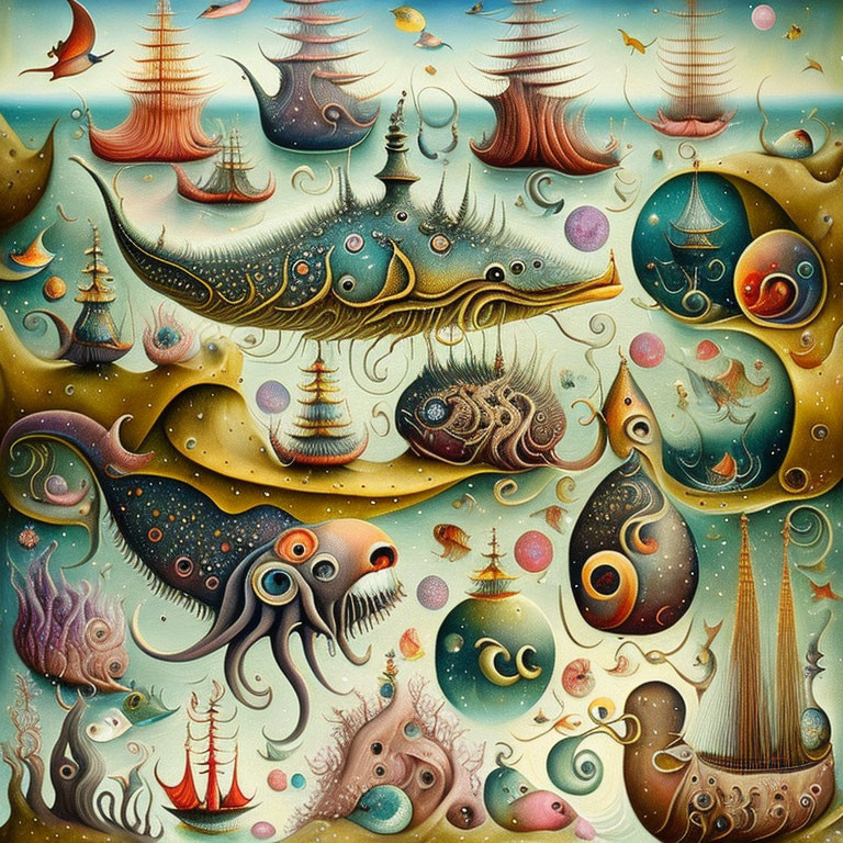 Colorful seascape with whimsical creatures and sailing ships under starry sky