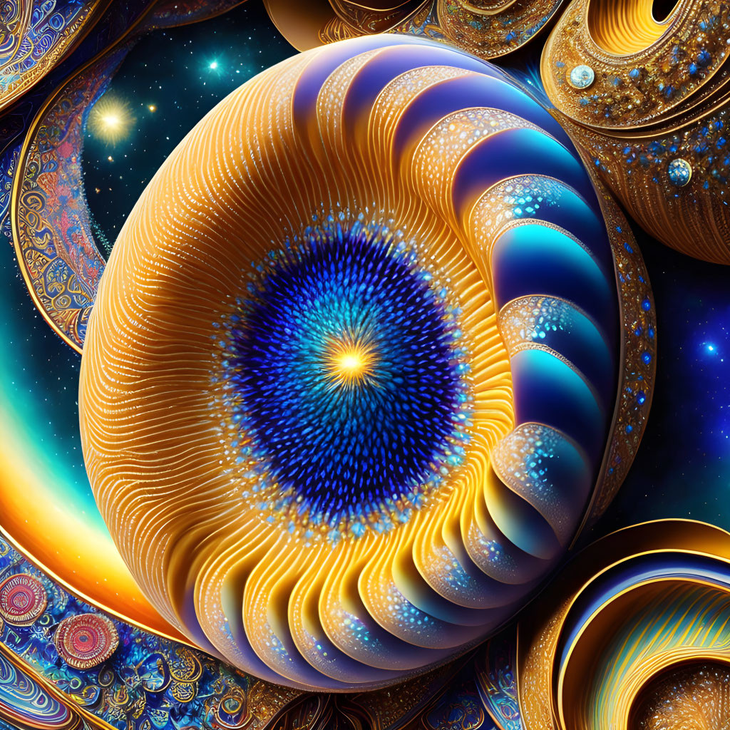 Intricate Blue, Gold, and Orange Fractal Patterns