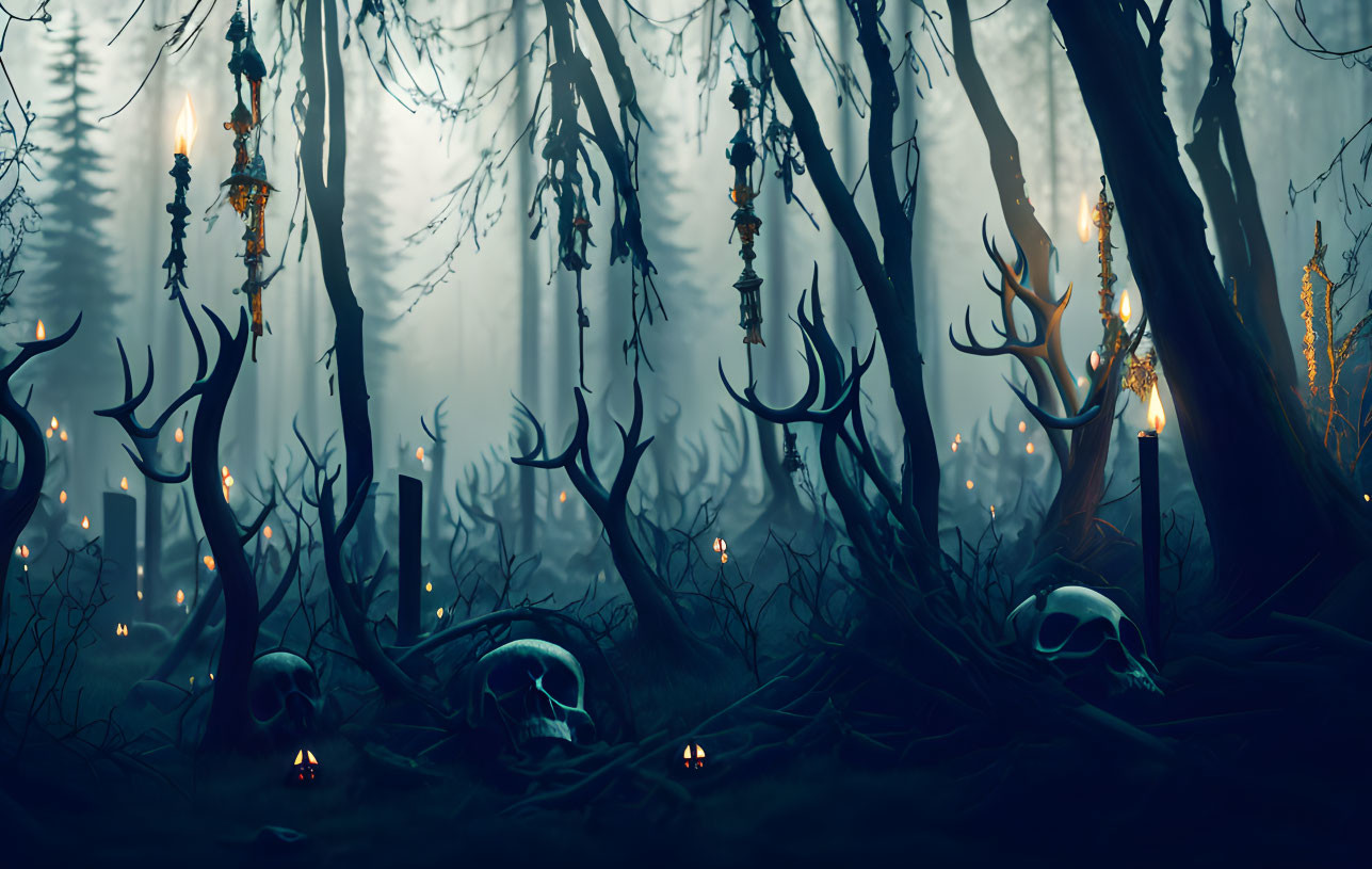 Mystical forest twilight scene with antler branches, lanterns, skulls, and candlelight.