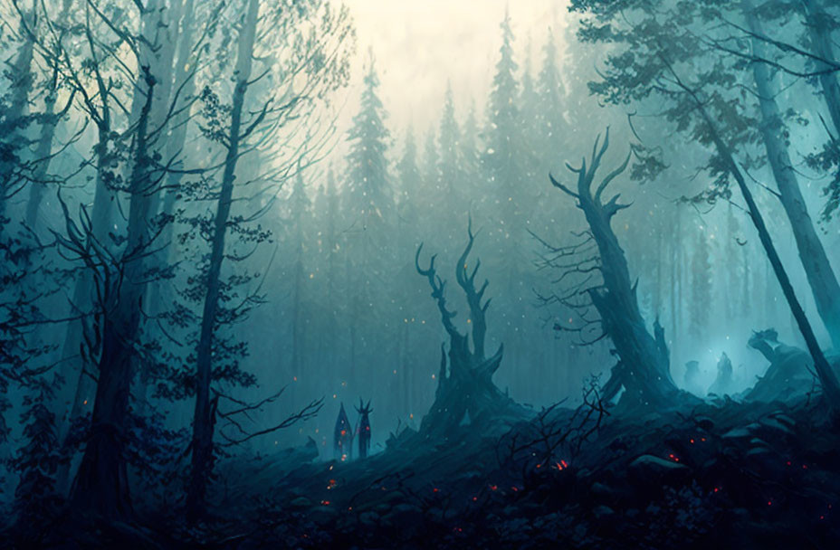 Mystical forest scene with eerie blue lights and towering trees in dense fog