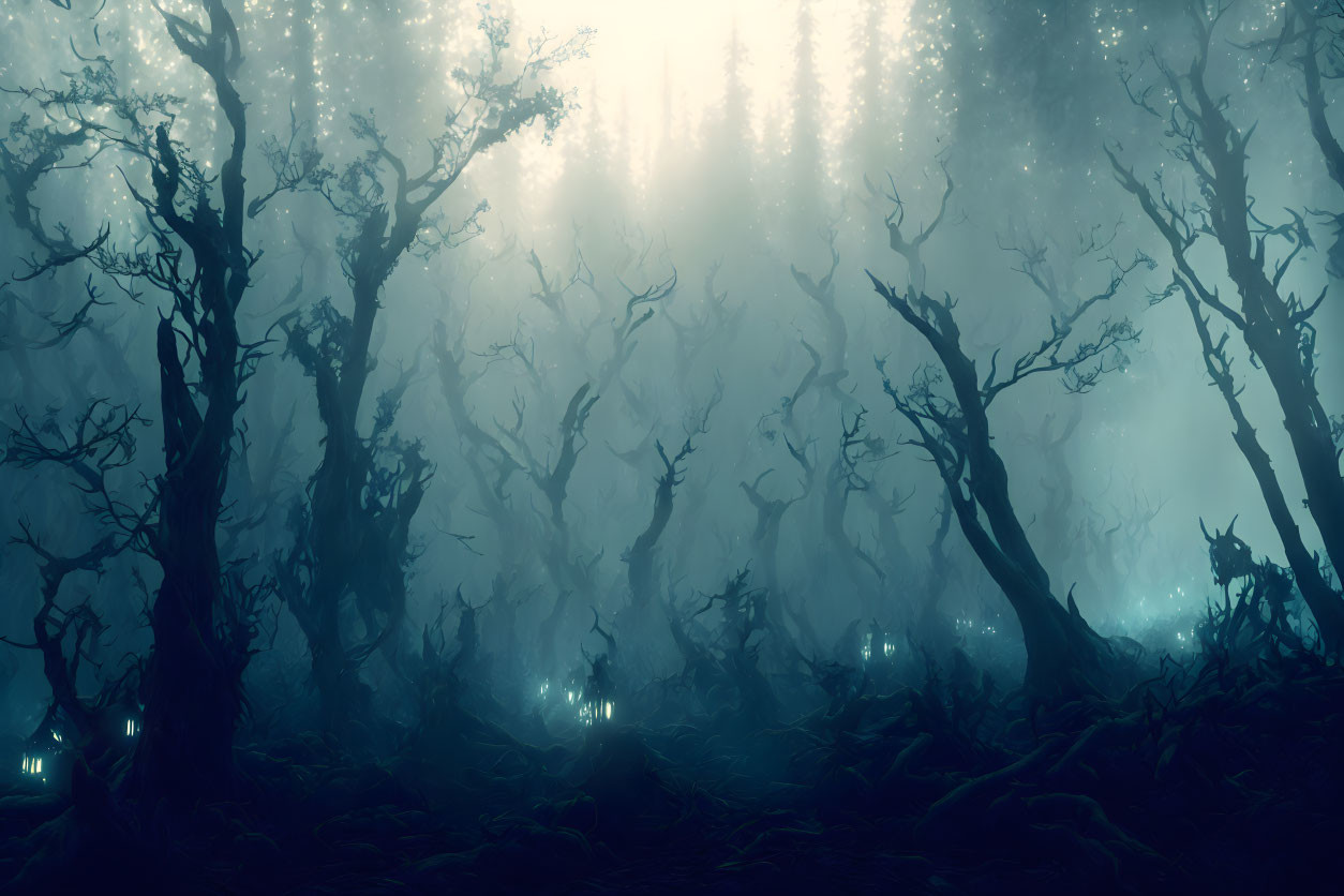 Mysterious fog-filled forest with twisted trees and glowing lights