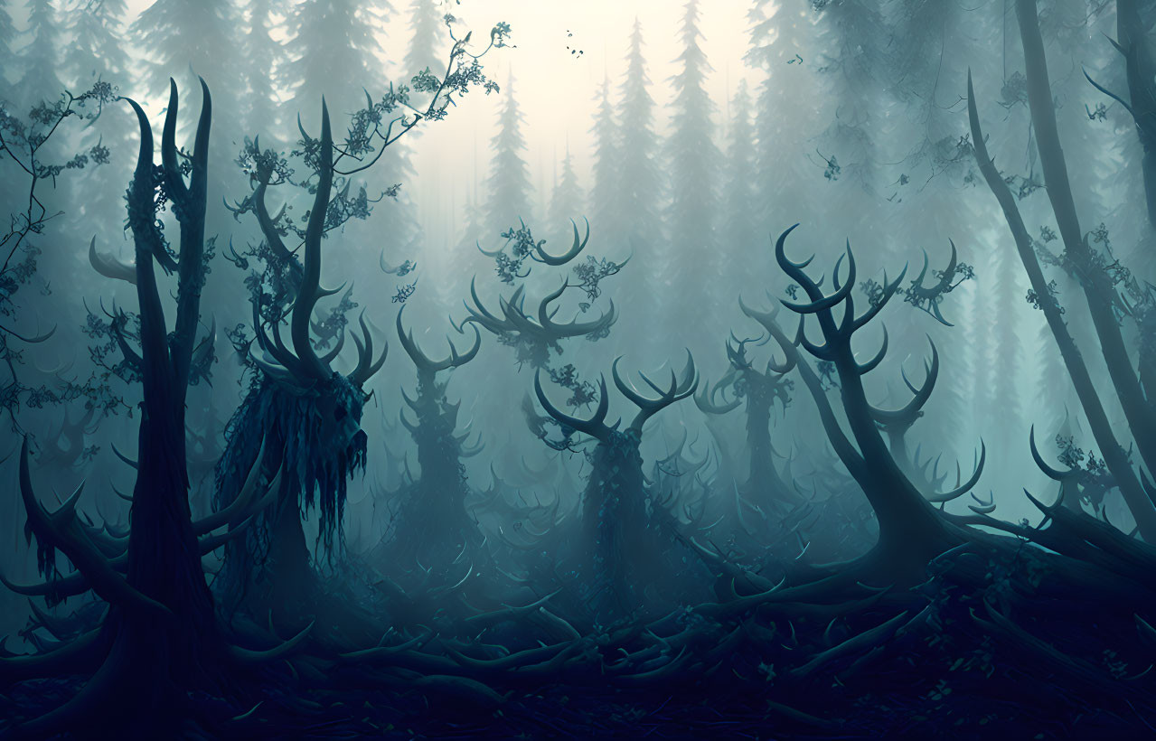 Ethereal misty forest with twisted stag-like trees