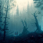 Ethereal blue light in mystical forest with ghostly deer and luminous flower