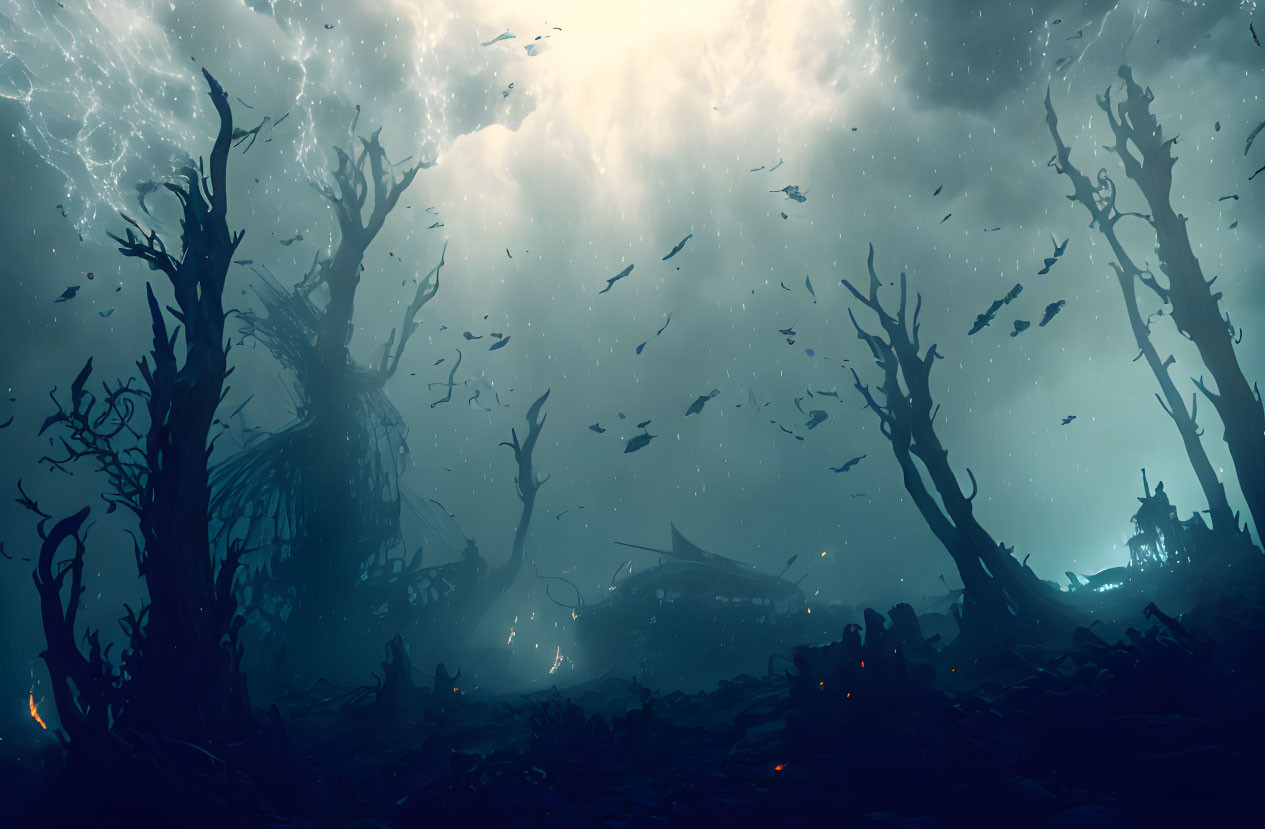 Underwater Scene: Silhouettes of Trees and Debris with Fish in Soft Light