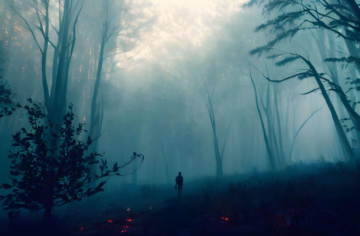 Mystical foggy forest with solitary figure