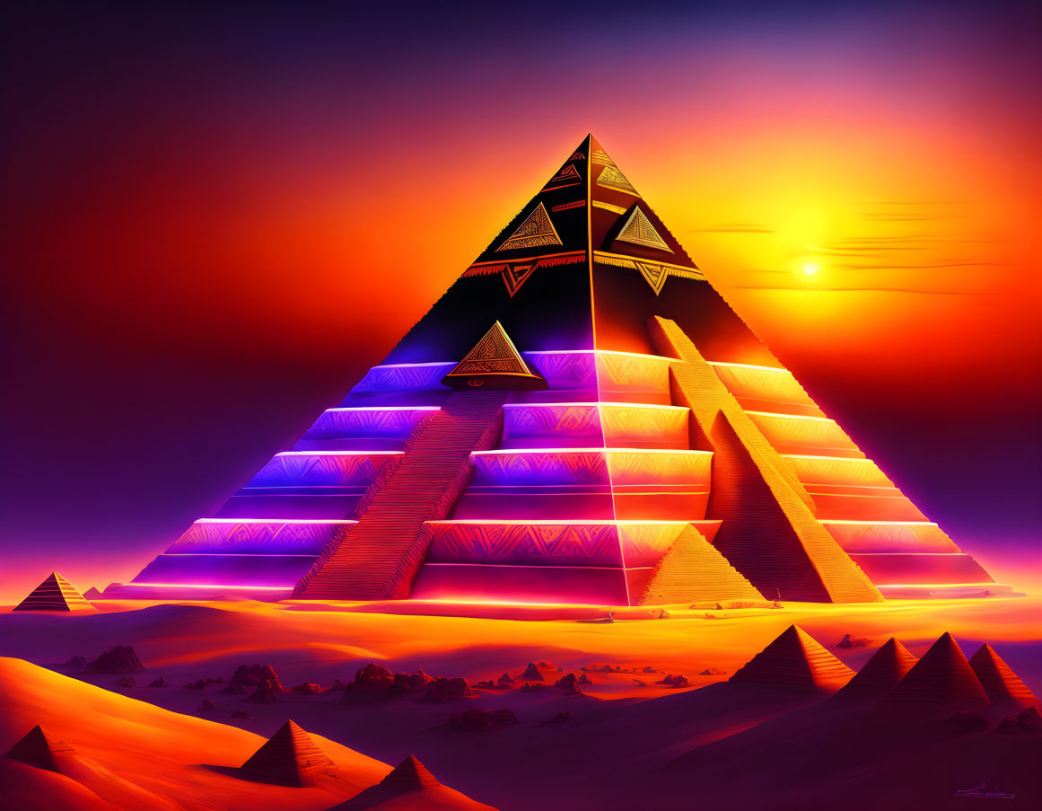 Luminous pyramid with glowing tiers in desert at sunset