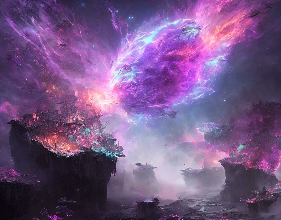 Floating rocky islands under vibrant purple and pink nebula in starry sky