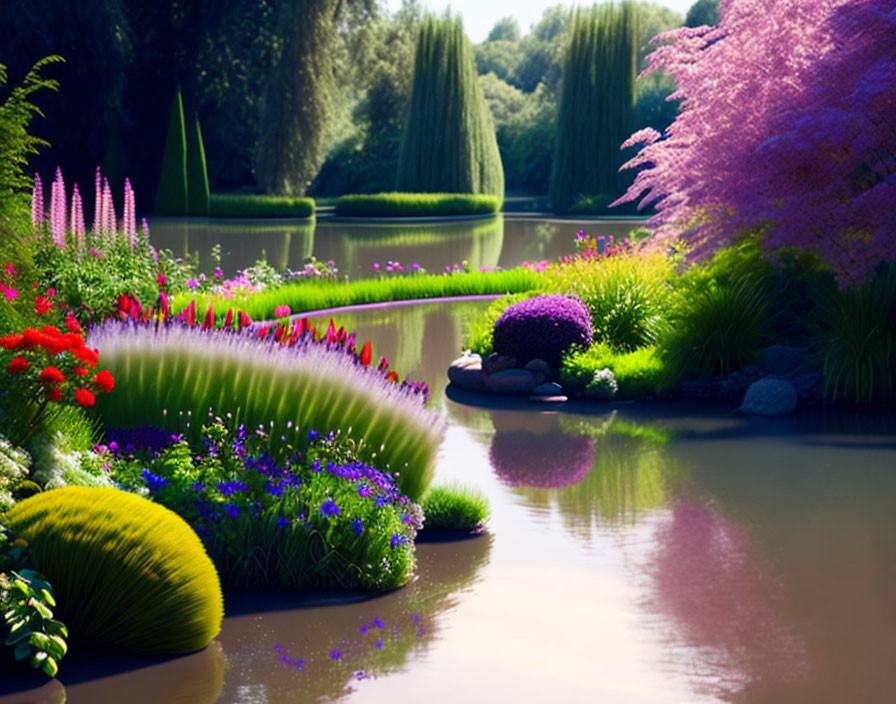 Tranquil garden with vibrant flowers, lush greenery, and serene pond