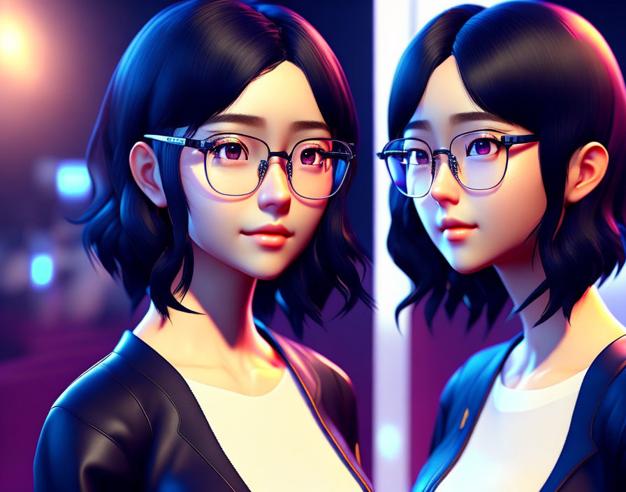 Female character with glasses in mirrored effect on neon-lit background