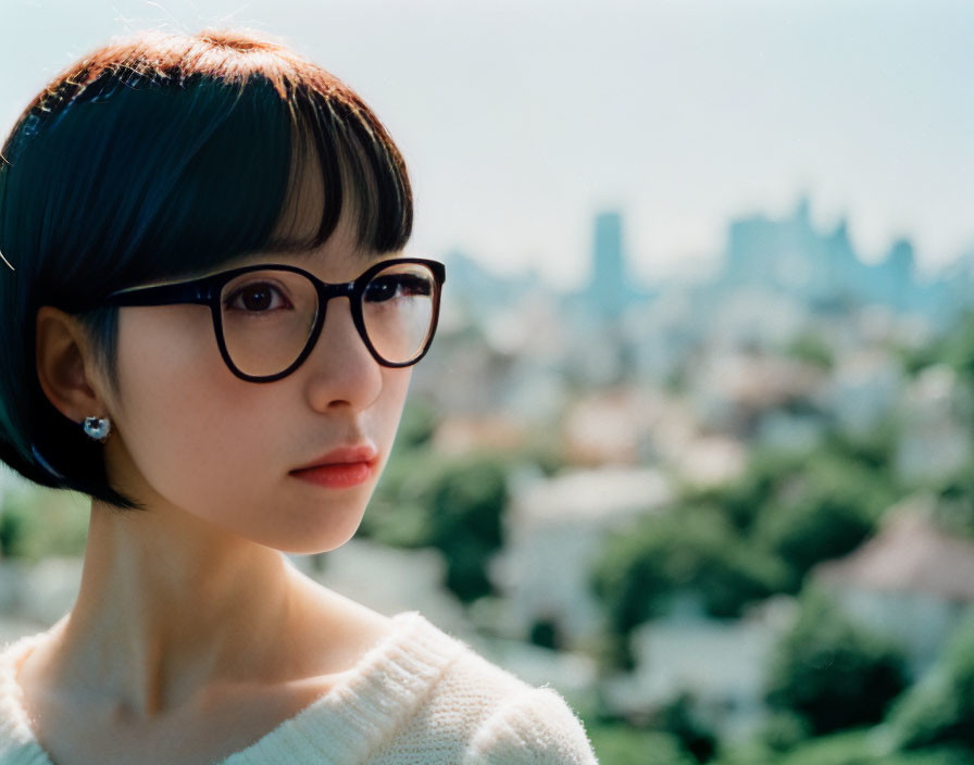 Woman in black-framed glasses and white sweater gazing at blurry cityscape