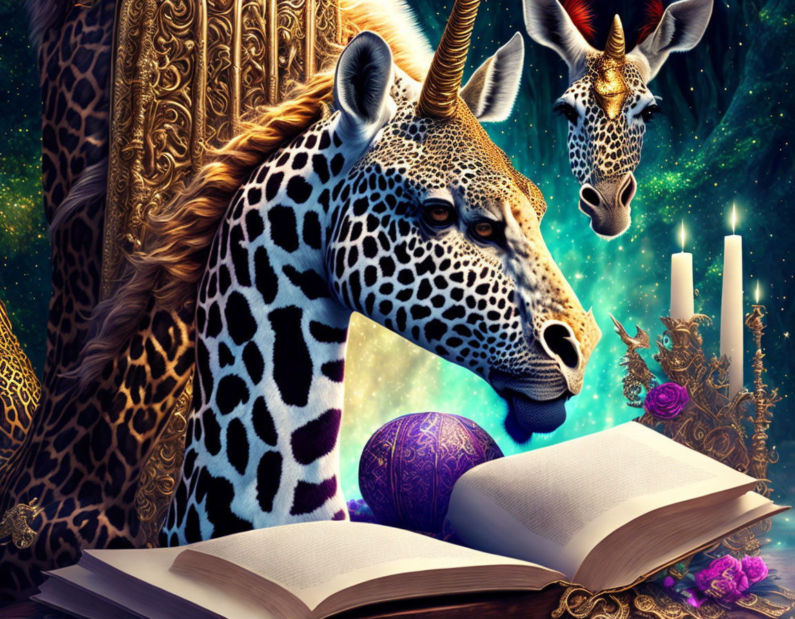 Fantasy illustration: giraffes with unicorn horns in magical setting