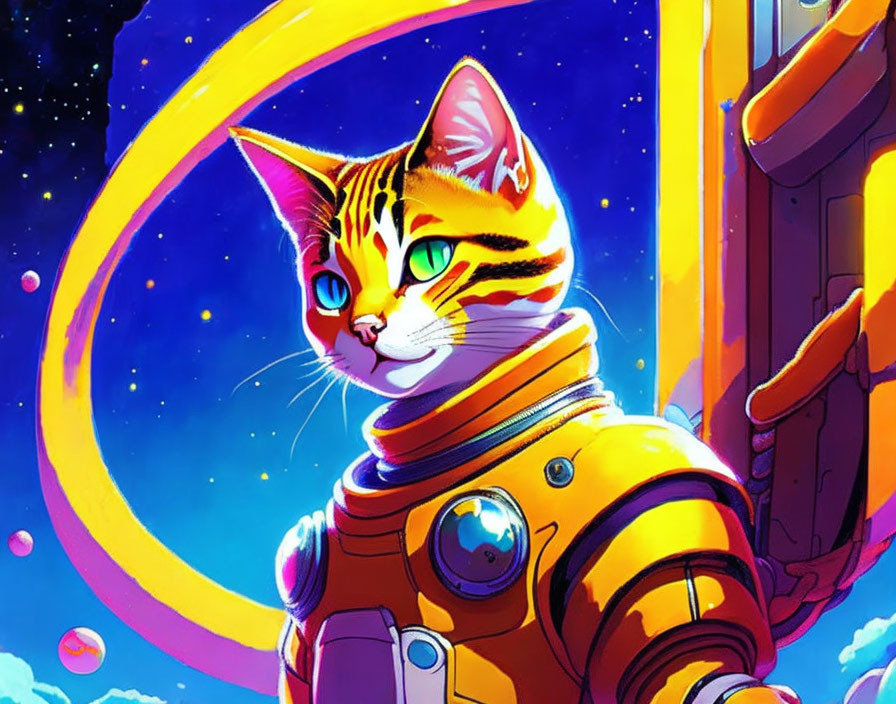 Colorful Cat in Space Suit Illustration with Stars and Planets