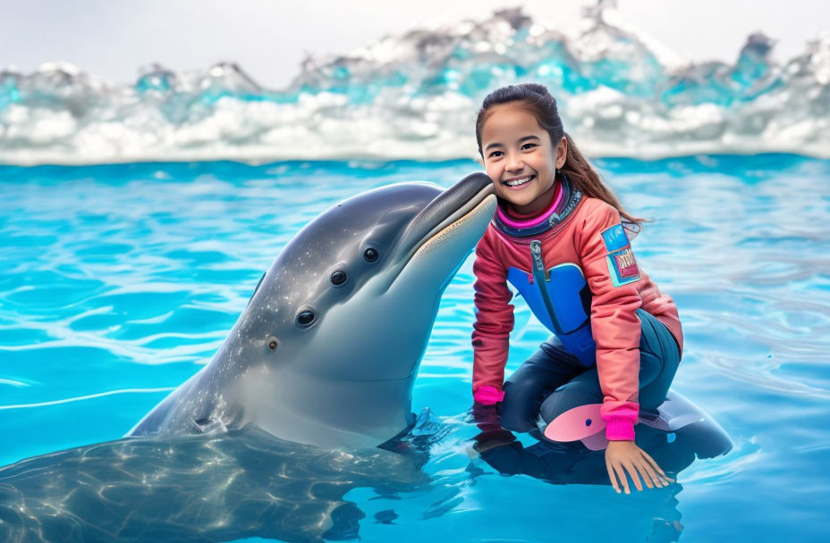 Smiling girl in pink wetsuit with friendly dolphin by pool